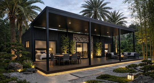 Teeny Tiny Home nestled among palm trees at dusk